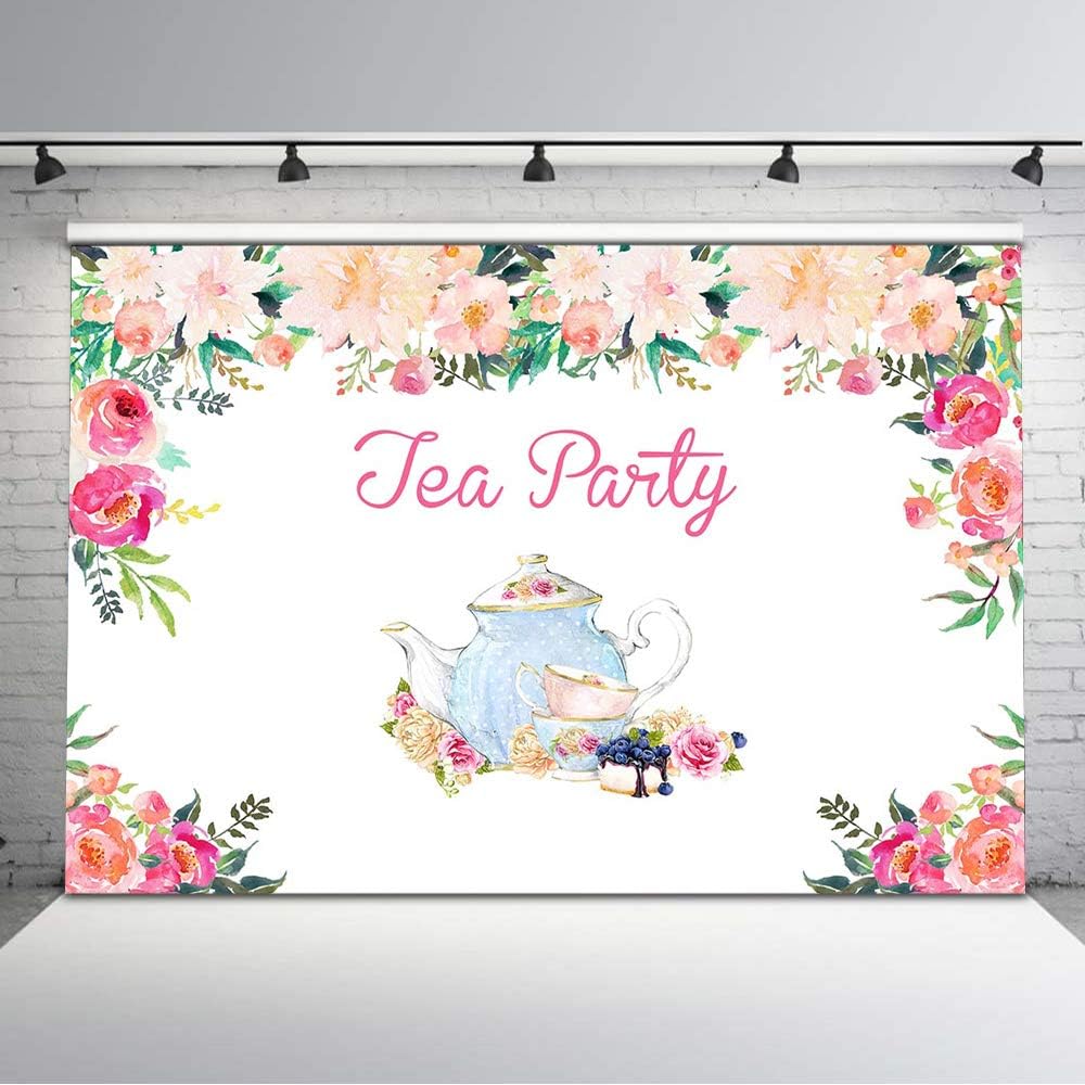 Avezano 8x6ft Tea Party Backdrop Spring Floral Tea Party Baby Shower Birthday Background Vinyl Watercolor Floral Tea Party Birthday Party Backdrops Decorations