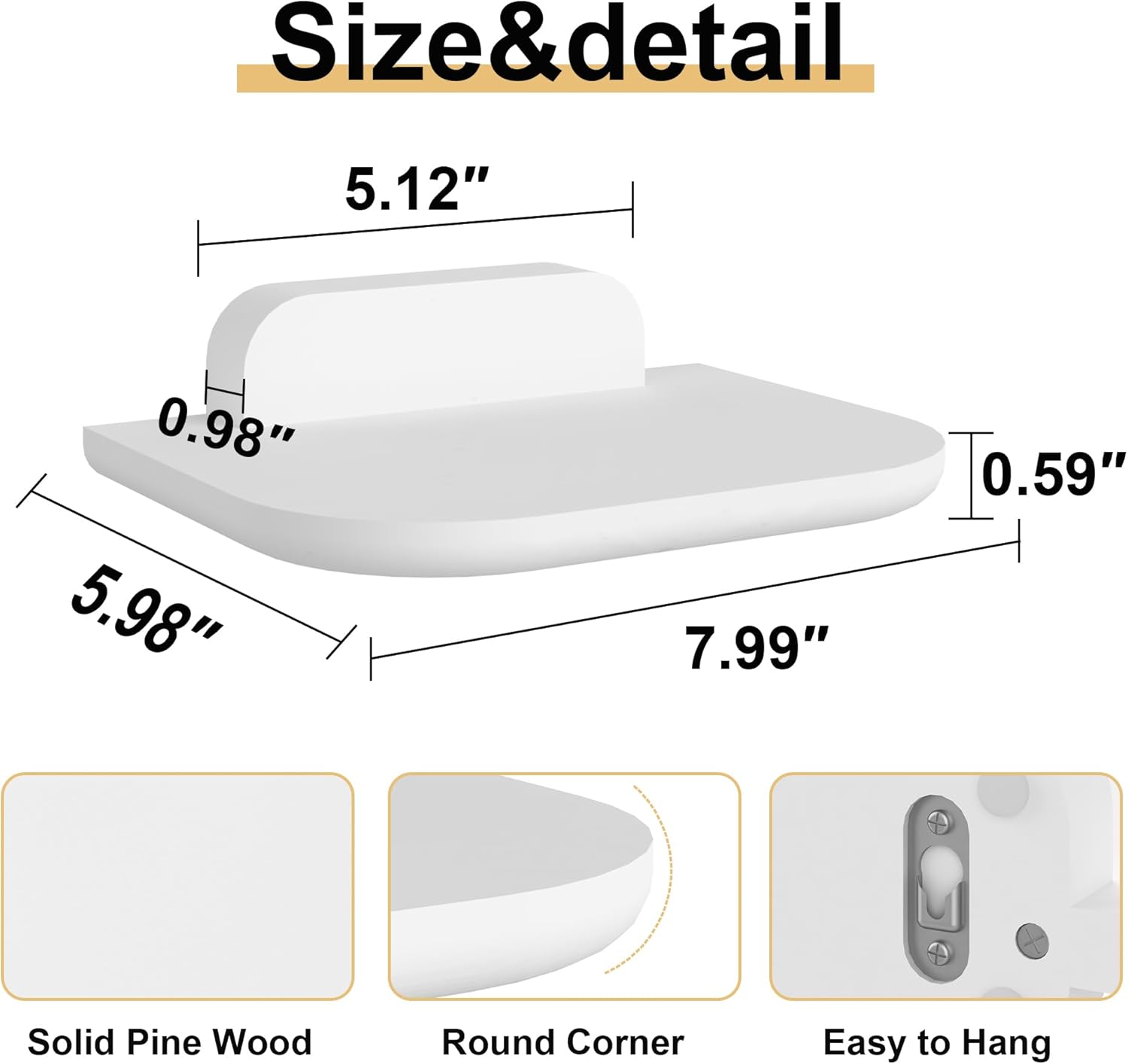 White Small Floating Shelves Set of 5-8’’ Wood Floating Shelf Wall Mounted with Curved Edges, Pine Wall Shelves for Bedroom, Easy Install Hanging Shelf for Bedside, Projector, Bluetooth Speakers.