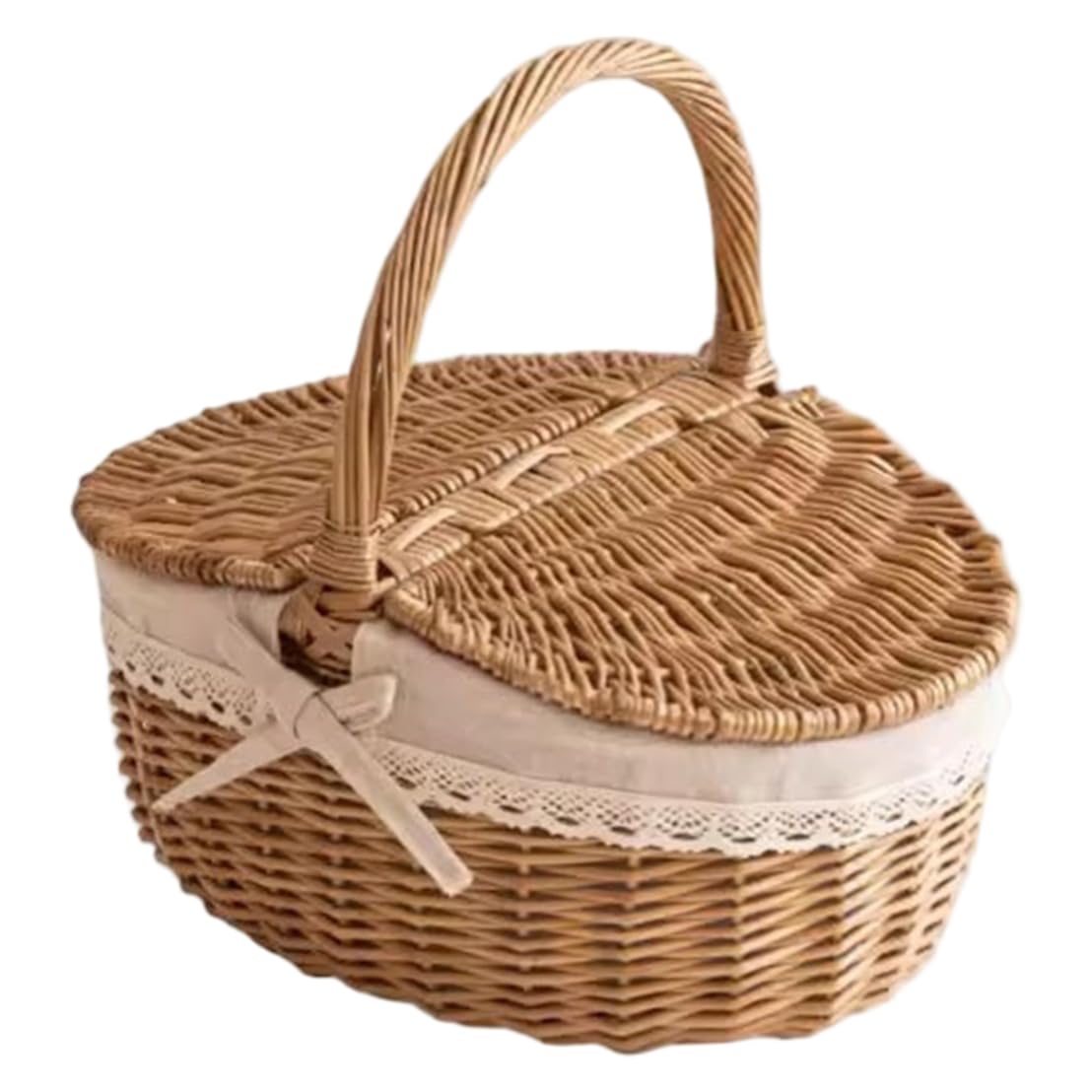 Cestino da picnic in tessuto stile vintage con coperchio e manici – Cestino da picnic in vimini per riporre la spesa campeggio, medio