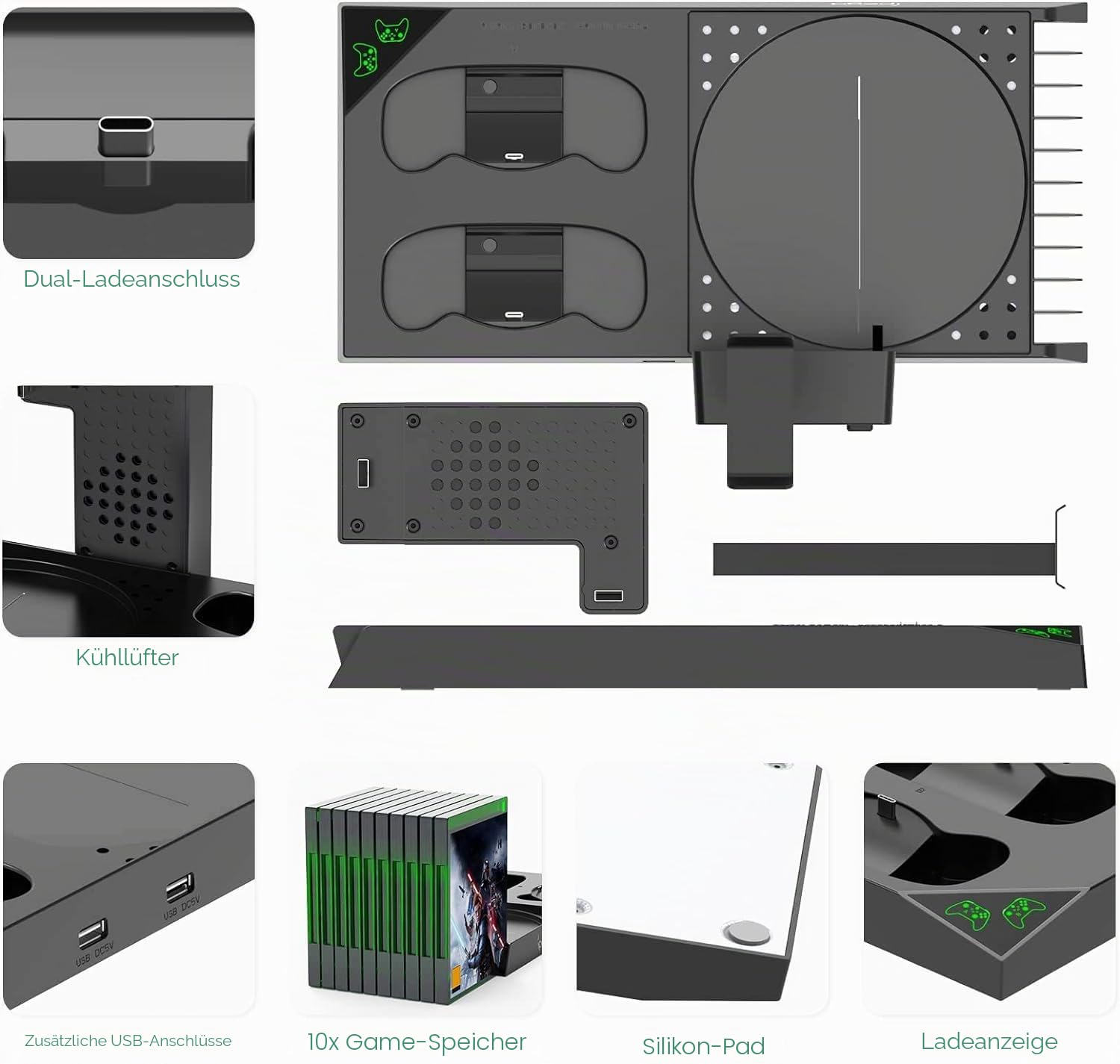 FASTSNAIL Ständer Kompatibel mit Xbox Series X, Lüfter kühler Kompatibel mit Xbox Series X mit wiederaufladbar 2x1400 mAh Akkus, Ladestation, Spiele Discs aufbewahrung und Headset Halterung