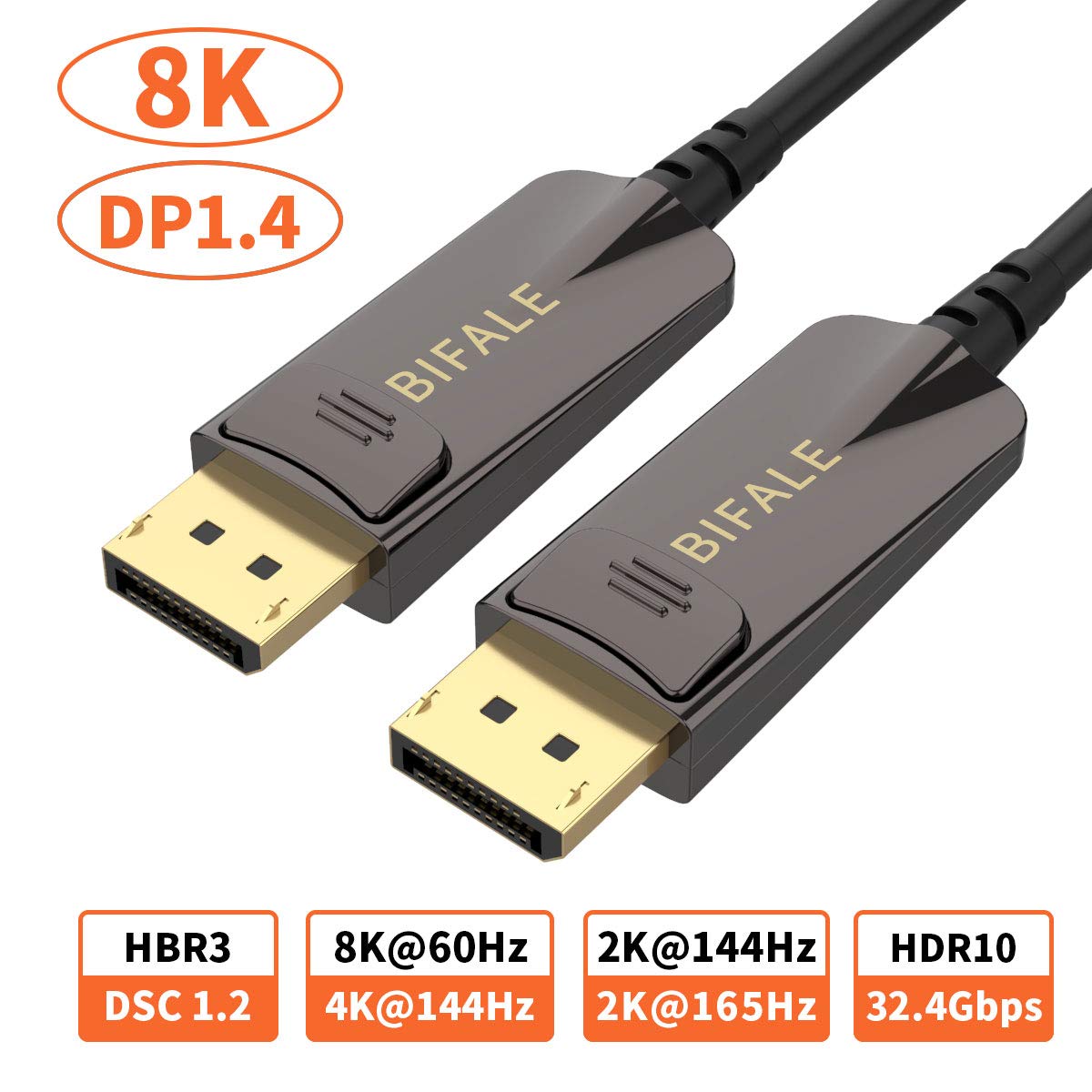 DP Fiber Optic Cable 33ft, 8K Fiber Displayport Cable Support HBR3, DSC 1.2, HDR10, 32.4Gbps, 8K@60Hz, 4K@144Hz, Thin and Slim Fiber DP1.4 Cable-Top Series