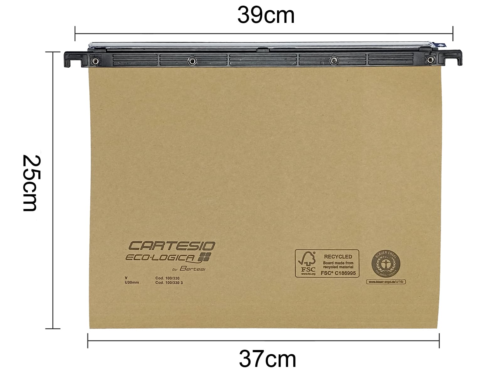 Cartesio Eco-logica® by Bertesi, Lotto di 25 Cartelle Sospese di qualità per Cassetti, in Cartone 240 g/mq, Portaetichette Lenticolare già Montato, 39 cm, Fondo a V, Colore Avana, Cod. 100/395 -A1