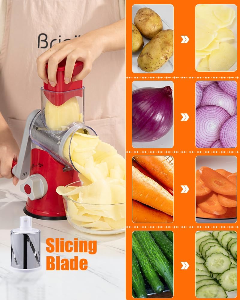Brigii Rotary Cheese Grater Hand Crank, Cheese Shredder with 3 Drum Blades, Mandoline Slicer, Food Chopper for Hard Cheese, Vegetable, Nuts, Potato