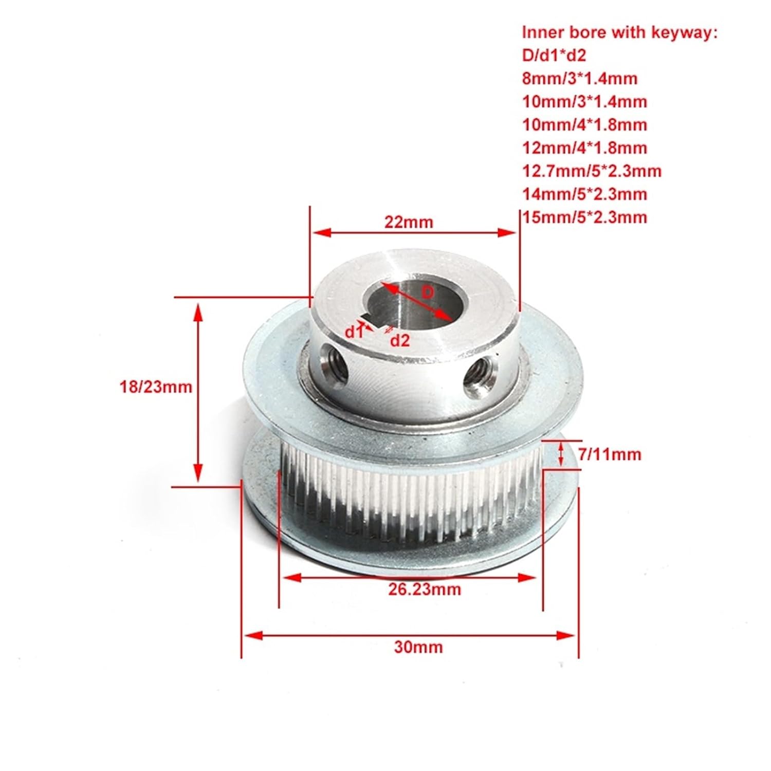 Pulley S2M-42T Aluminum Alloy Toothed Belt Pulley with Keyway 8/10/12/14/15mm Bore S2M 42Teeth Pulley(Bore 10mm Key 3x1.4,11mm)