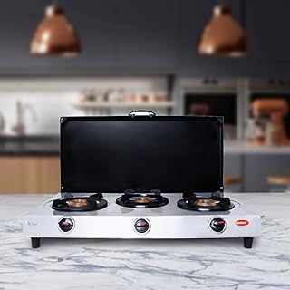Sun Flash Gas Stove 3 Burner With Cover Auto-Ignition Black Body Brass Burner 1 Year Warranty (3 burner auto-ignition with cover)