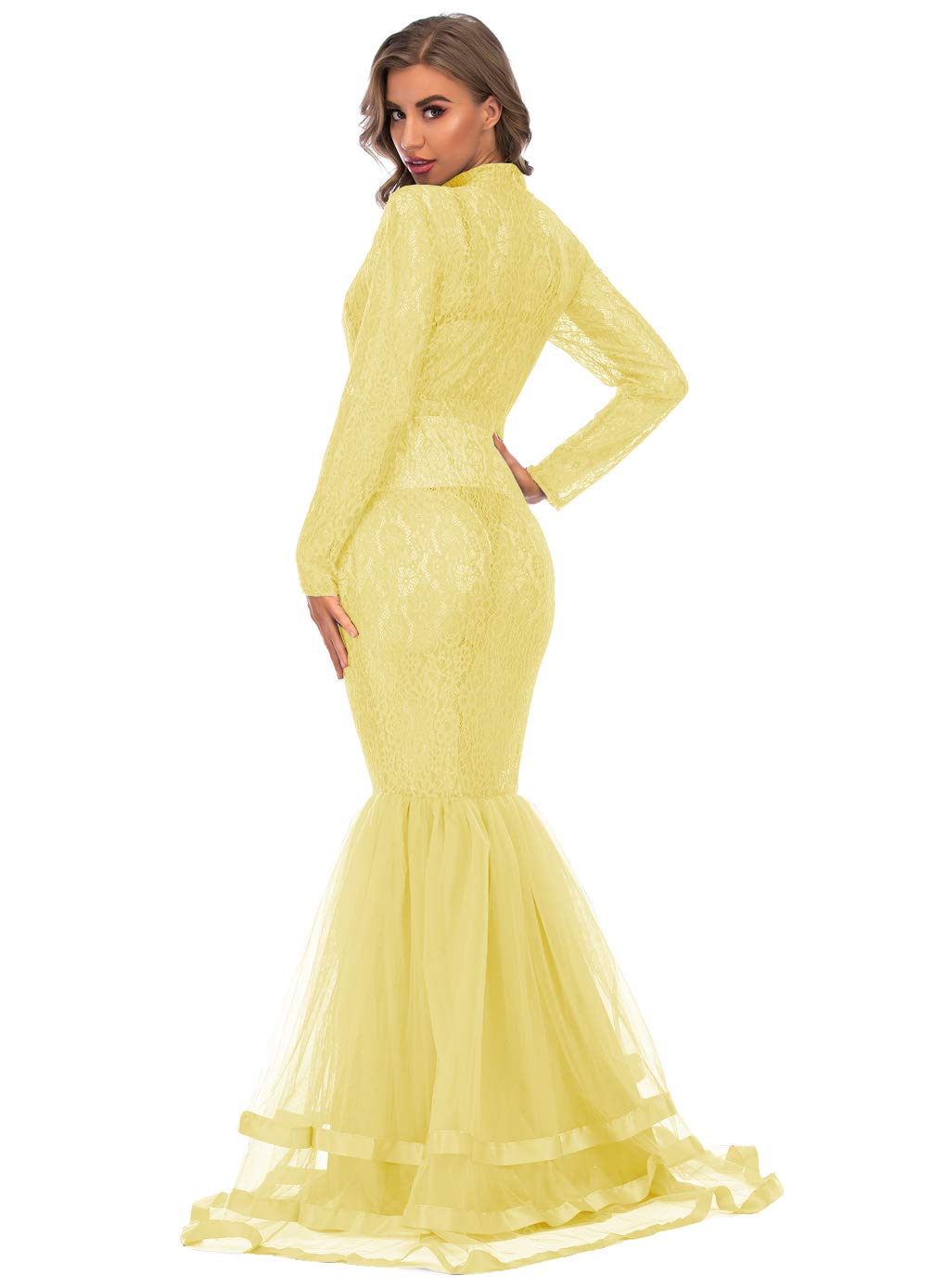 CFWSHJ Abito Premaman Elegante in Pizzo Trasparente per Servizio Fotografico Abito Maxi tutù in Tulle a Maniche Lunghe per Foto