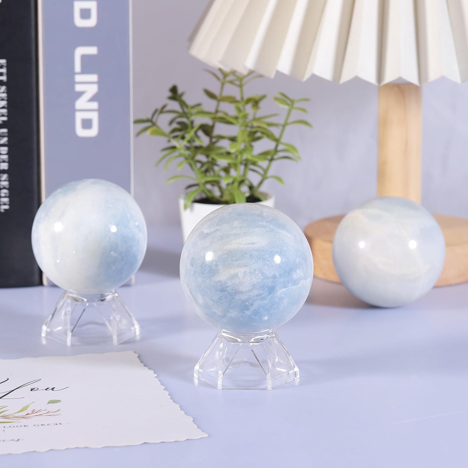 Natural Blue Celestite Crystal Ball with Acrylic Display Base, 50-60mm Polished Stone Feng Shui Crystal Sphere Meditation Decoration for Home & Office