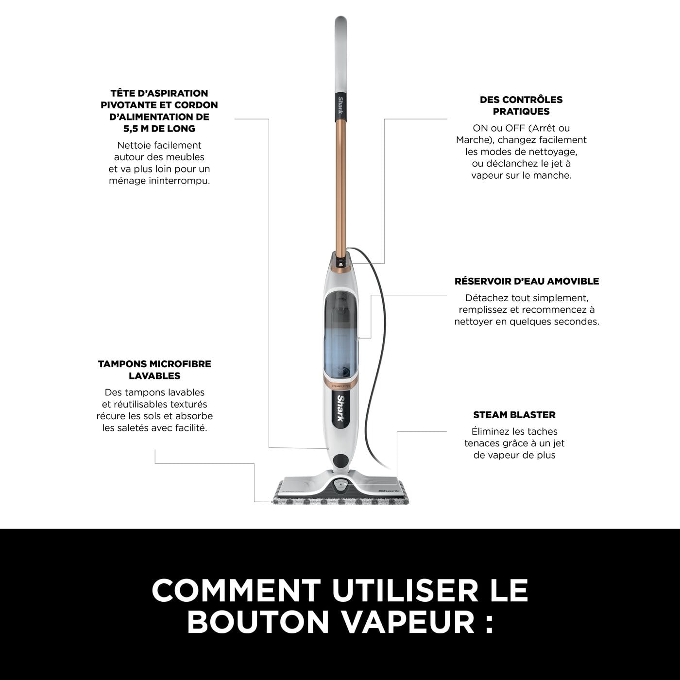 Shark SteamSpot avec technologie Steam Blaster pour sols durs, Balai vapeur léger, Sans produit chimique, Réservoir d’eau amovible, 2 tampons Dirt Grip lavables en machine, Blanc et Cuivre S2001EU