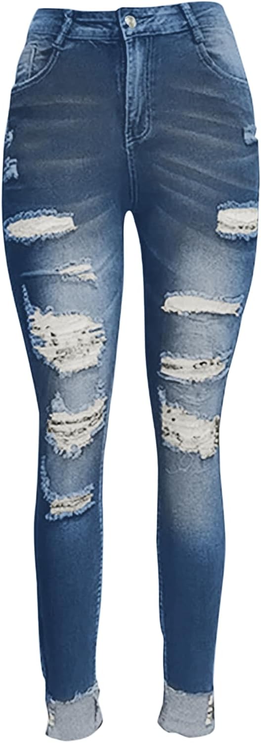 Women's High Waisted Casual Jeans Ripped Vintage Washed Denim with Cuffed Hem