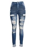 Women's High Waisted Casual Jeans Ripped Vintage Washed Denim with Cuffed Hem