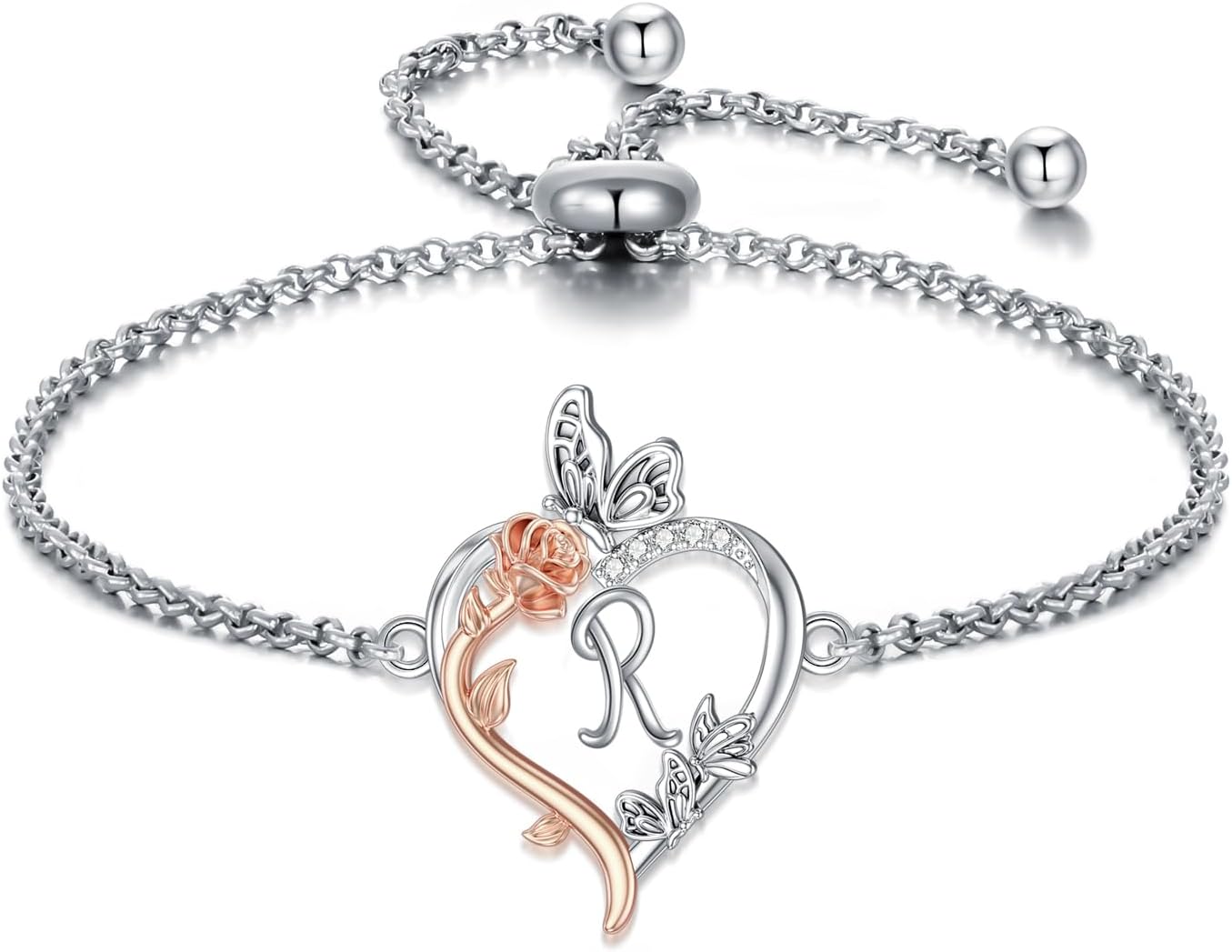 TOUPOP Mothers Day Gifts for Women Rose Heart Initial Bracelet 925 Sterling Silver Butterfly Letter Link Bracelet Love Jewelry Anniversary Birthday Gifts for Mom Her Wife Girlfriend