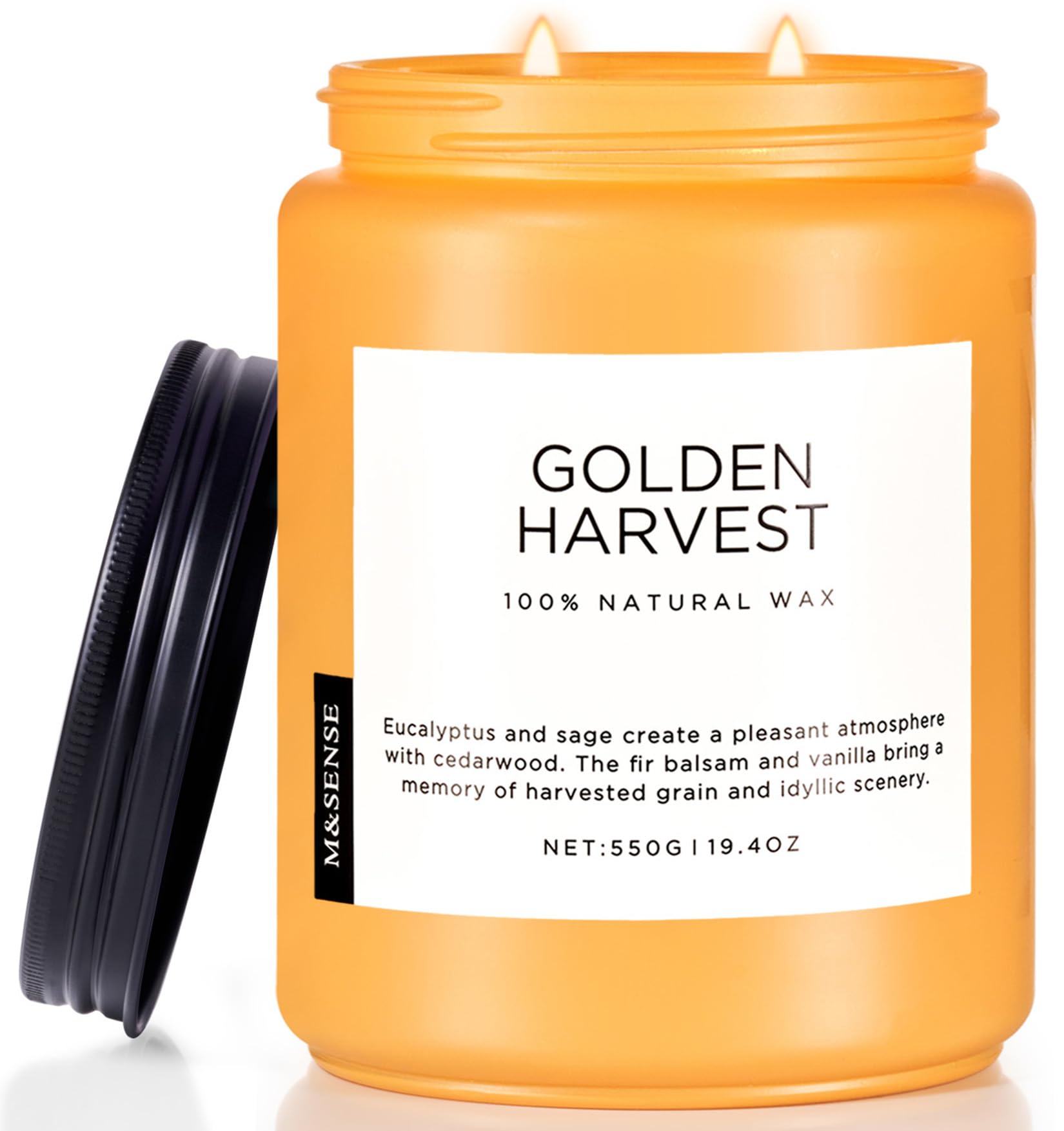M&SENSE Candele aromatiche all'eucalipto e all'abete balsamico. Candele di soia naturale a 2 stoppini grandi. 550 g. Durata 110 ore. Lenta combustione. Profumo eucalipto e abete balsamico