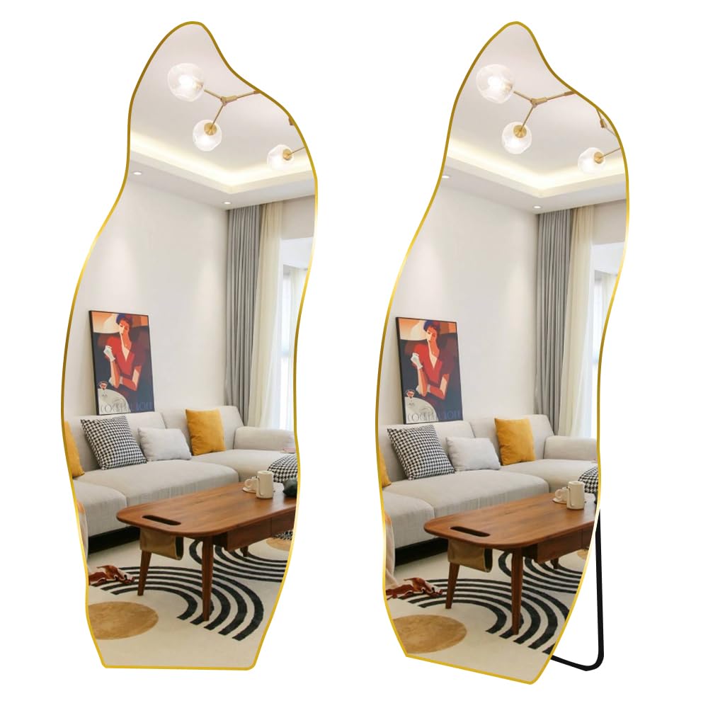 160cm 鏡 スタンドミラー 姿見鏡 全身鏡 ウェーブミラー ゴールド