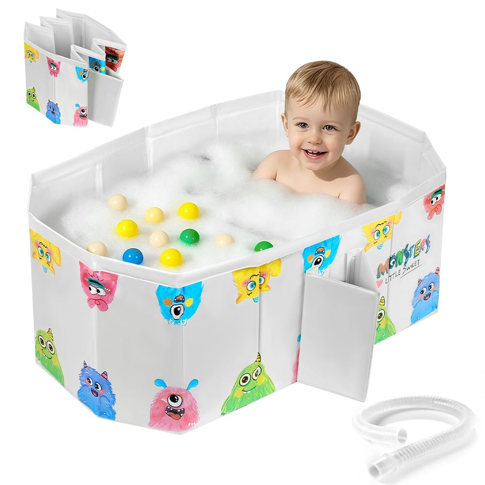 AUYAO Foldable Baby Bath Portable Toddler Bath Tub Infant Baby Bathtub Non-Slip Shower Tray Travel Tub for Baby Foldable Shower Tub Mini Swimming Pool Shower Basin for 0–8 Years Old (Little Monster)