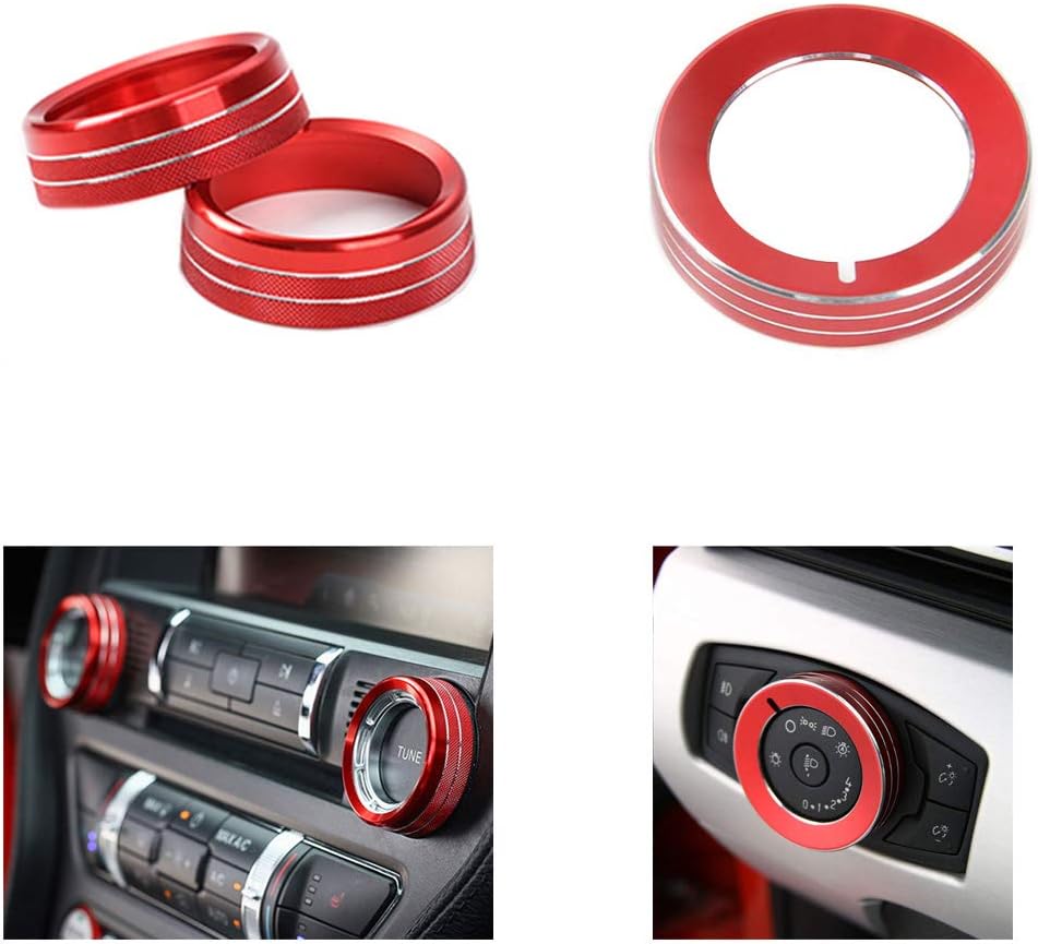 TopDall Red Aluminum Headlight Volume Tune Control Knob Cover Ring Trim Interior Accessories Compatible for Ford Mustang