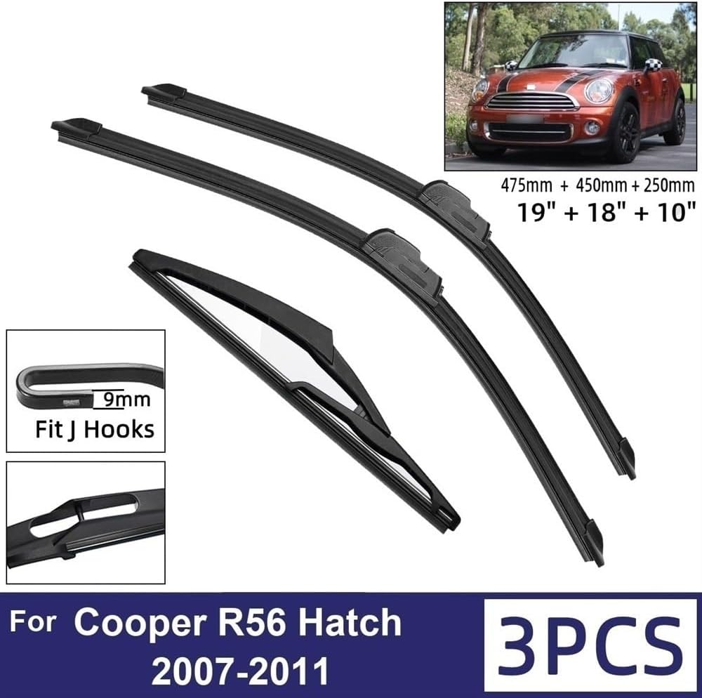 Car Wiper Compatible with MINI Cooper R56 Hatch 2007-2011 Car Front Rear Wiper Blades Soft Rubber Windscreen Wipers Auto Windshield 19"+18"+10" 2010 (Color : 6 wipers)