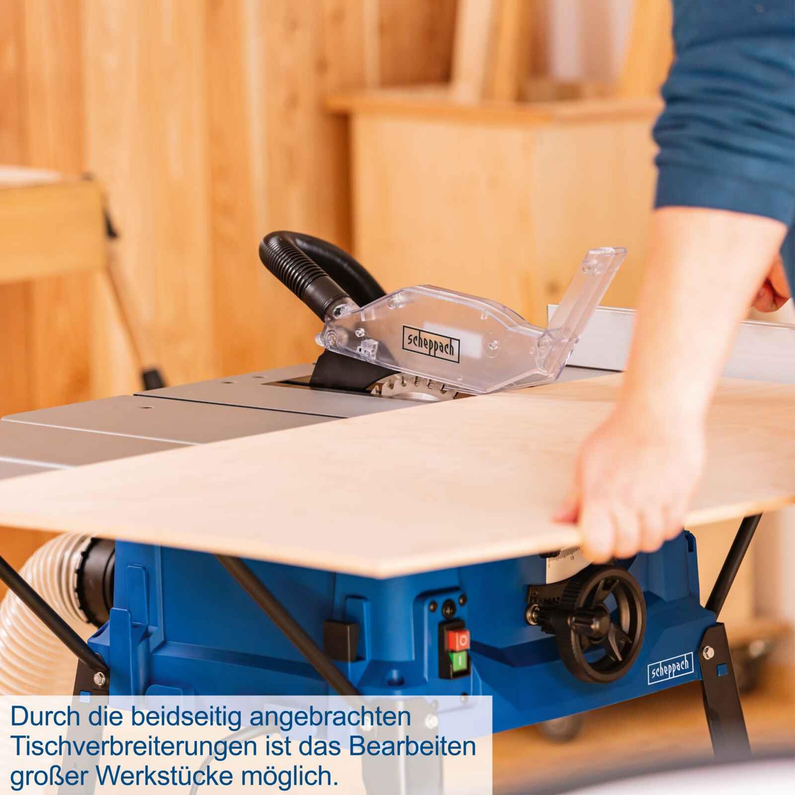 Scheppach Tischkreissäge HS100S | 230V 2000W | Schnitthöhe 85mm | Sägeblatt Ø 250mm | inkl. Tischverbreiterungen und Untergestell | Tischgröße mit Verbreiterung 642 x 940 mm | inkl. 2. Sägeblatt