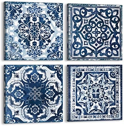 Bedroom Decor Canvas Wall Art Indigo Flower Pattern Prints Bathroom Abstract Pictures Modern Navy Framed Wall Decor Artwork for Walls Hang for Bedroom 4 Pieces Wall Decoration Size 14x14 Each Panel