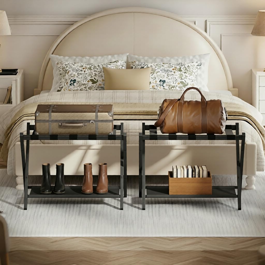 BAMBOOHOMIE Paquete de 2 portaequipajes de bambú para habitación de invitados, soporte plegable de 26.7 pulgadas con estante de almacenamiento de tela, soporte de equipaje grueso para dormitorio