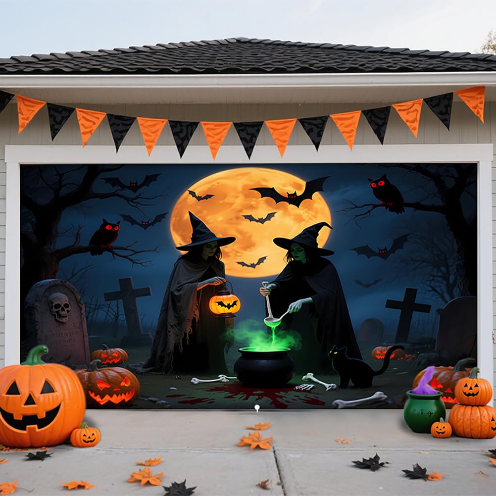 ZFFLYH Halloween Garage Door Cover Banner Decorations Hanging Backdrop Door Cover Wall Decor for Home Outdoor Indoor Holiday Party,Witch Bat,8 * 7FT