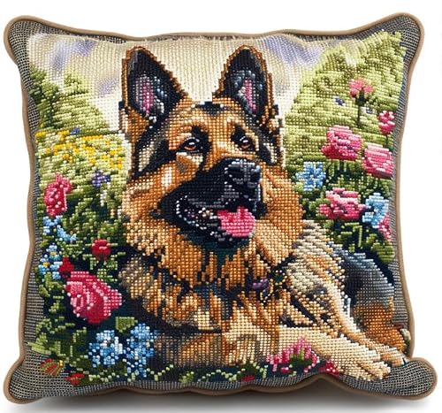 Kitphoenix Brown, Black, White, Multicolored Latch Hook Embroidery Kits German Shepherd Rose Background Sofa Cushion Cover 43Cmx43cm