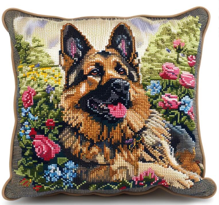 kitphoenix Latch Hook Embroidery Kits German Shepherd Rose Background Sofa Cushion Cover 43Cmx43Cm