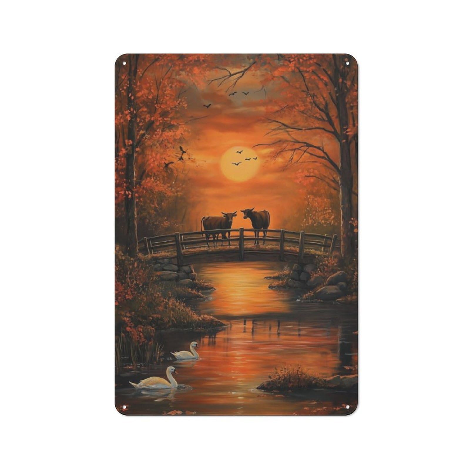 Junmoney Cows In Autumn Sunset Bridge Rustic Tin Sign 30X20cm Featuring For Living Room Wall, For Metal Sign Collectors, For Garage And Workshop Walls