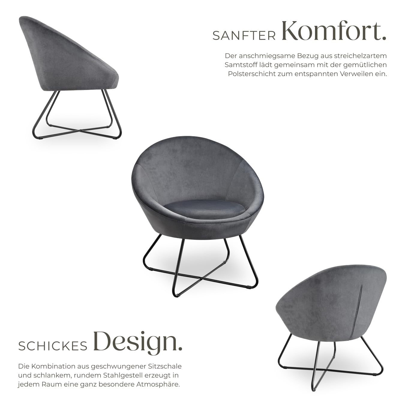 tectake® runder Samt Sessel, Cocktailsessel, Lesesessel mit durchgängiger Rückenlehne, Sessel Wohnzimmer, Polsterstuhl skandinavisch, Relaxsessel, Loungesessel, Esszimmermöbel - Samtoptik anthrazit
