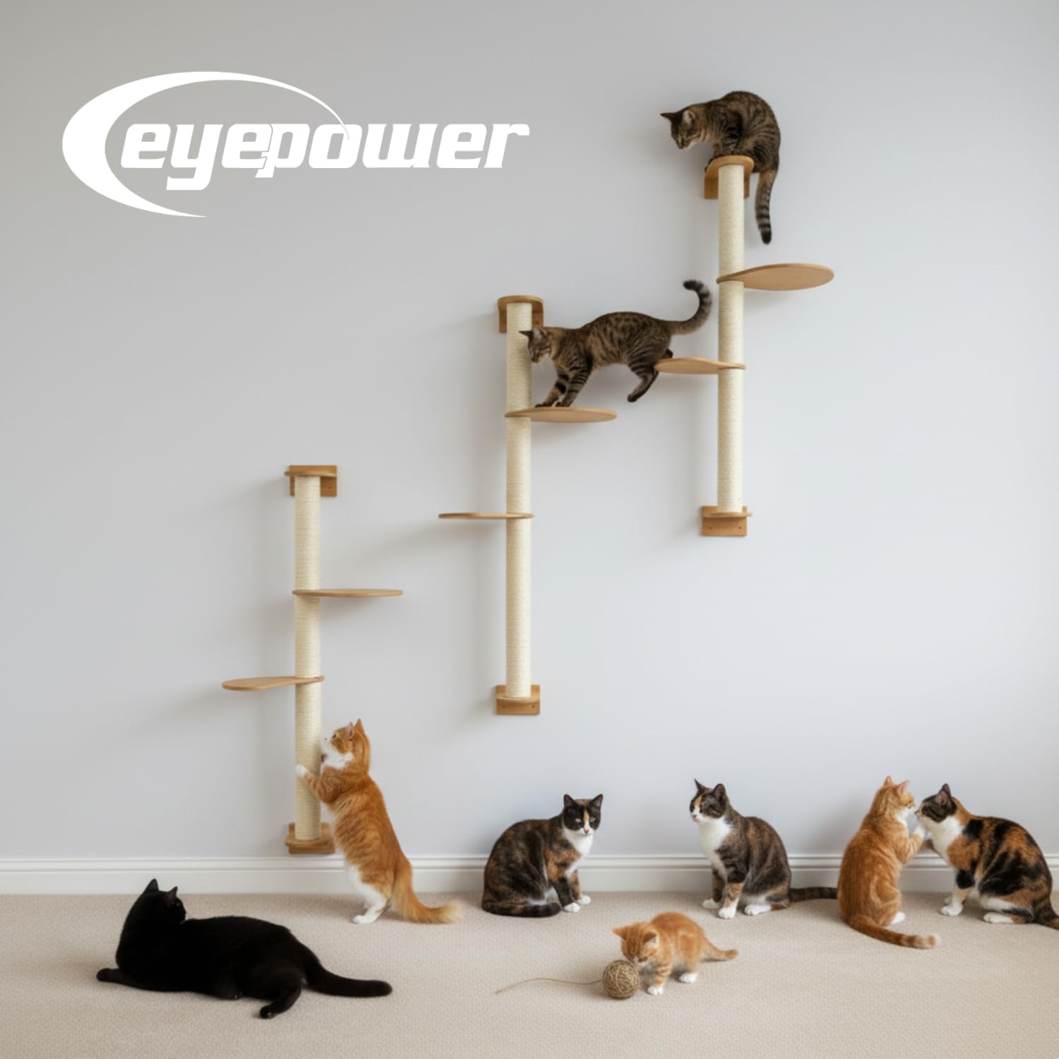 eyepower 170 cm Wandkratzbaum Luna mit 3 Plateaus zum Klettern - Kratzbaum Groß für Katzen - Kletterbaum mit Wandhalterung - Katzenbaum zur Wandmontage - Kletterwand Katze Kratzstamm Kratzsäule Wand