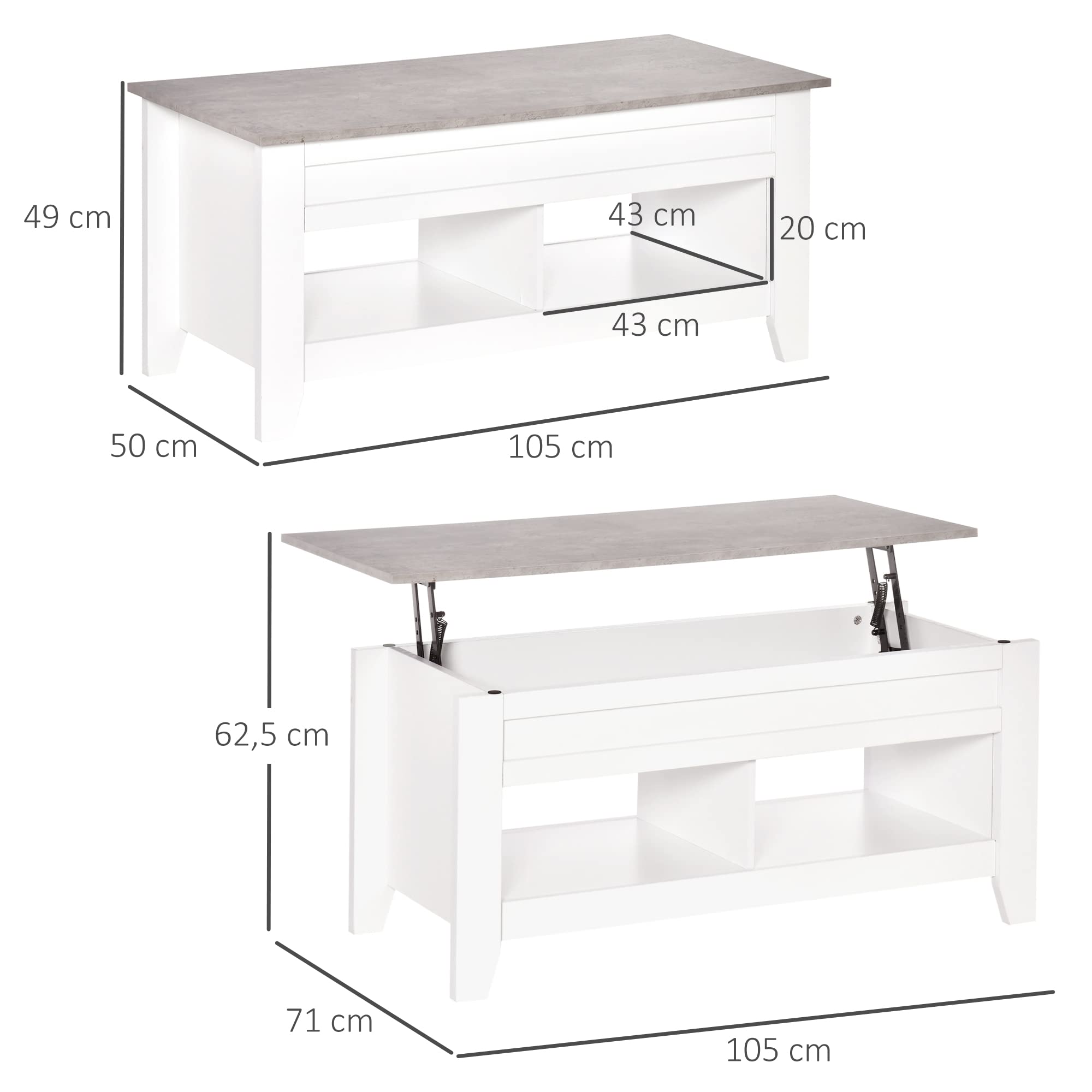 Table Basse Relevable HOMCOM - Avec Compartiment Secret Et 2 Tiroirs - Blanc - 100x50cm - Idéale Salon Ou Bureau - 7