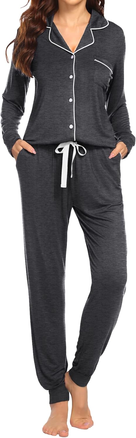 Ekouaer Pajamas Set Long Sleeve Sleepwear Womens Button Down Nightwear Soft Pj Loungewear Sets with Pockets