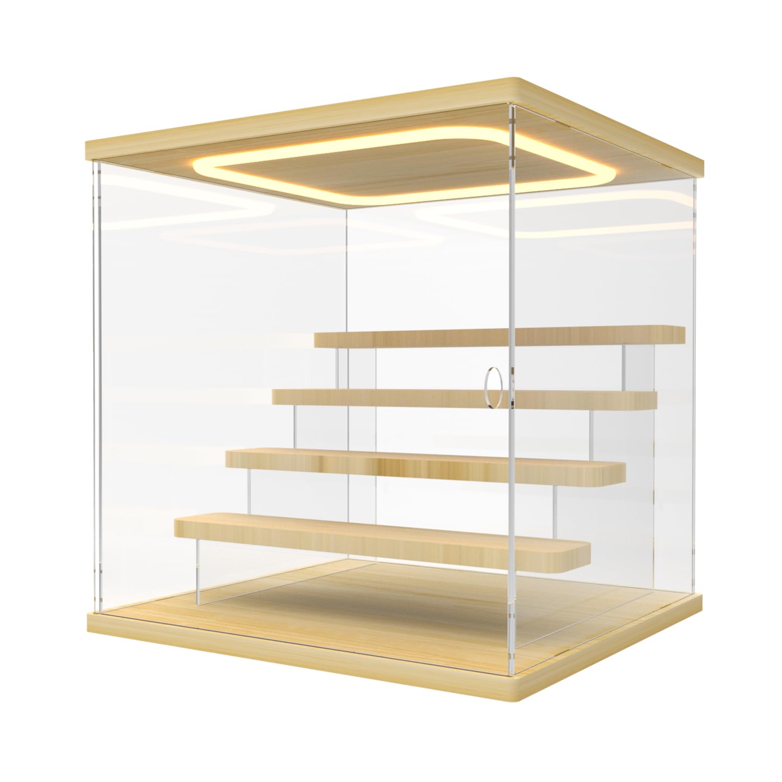 Vitrina de Acrílico con Luz LED para Colecciones, 5 Niveles Caja Vitrina Expositoras, con Puerta y Escalones, Antipolvo Caja Organizadora para Funko Pop, Figuras, Modelos, Color Madera