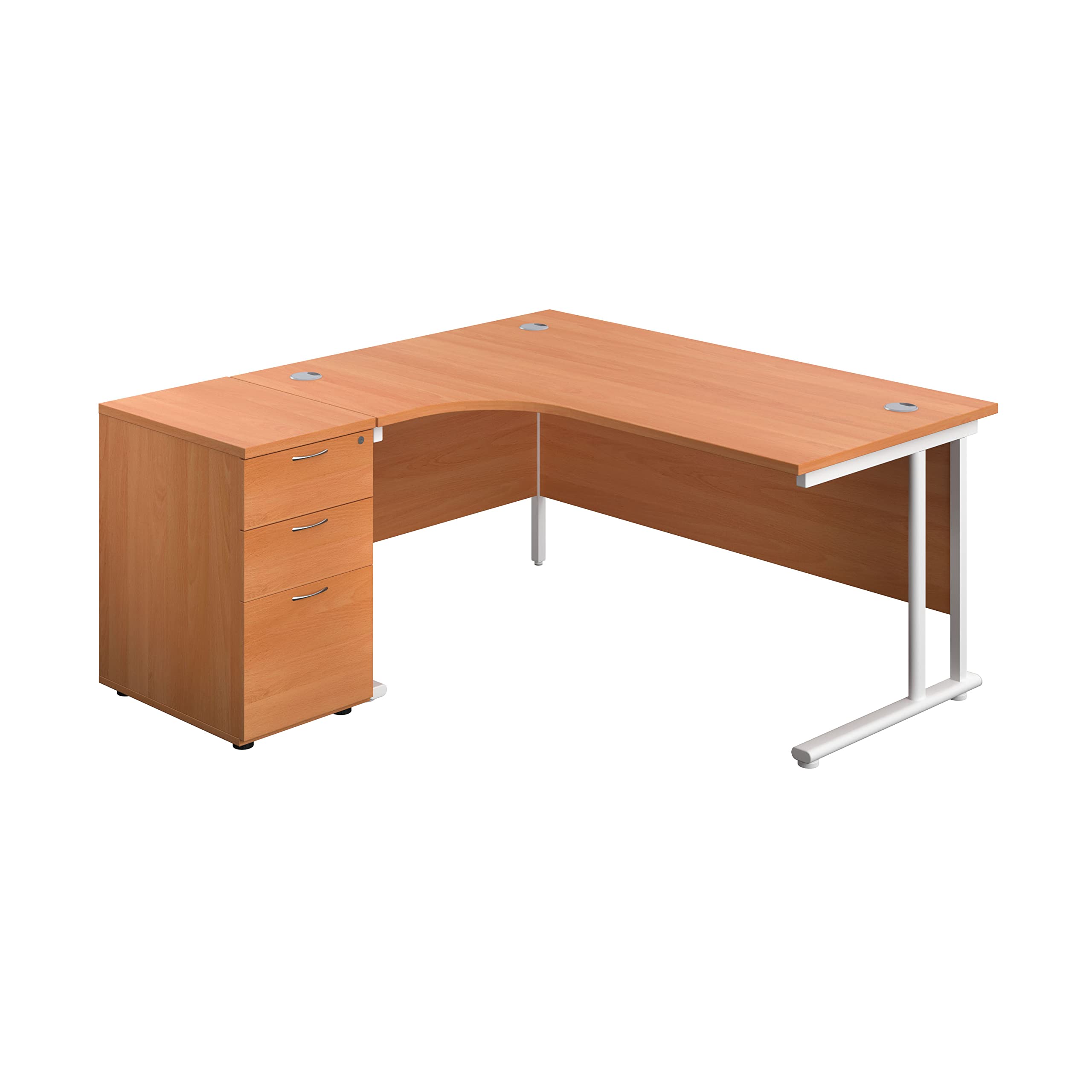 Office Hippo Heavy Duty Left Corner Radial Desk With 3 Drawer High Storage, Home Office Filing, PC Workstation for Office or Home, 5 Yr Warranty, MFC-Beech, White Frame, 160cm x 160.4cm