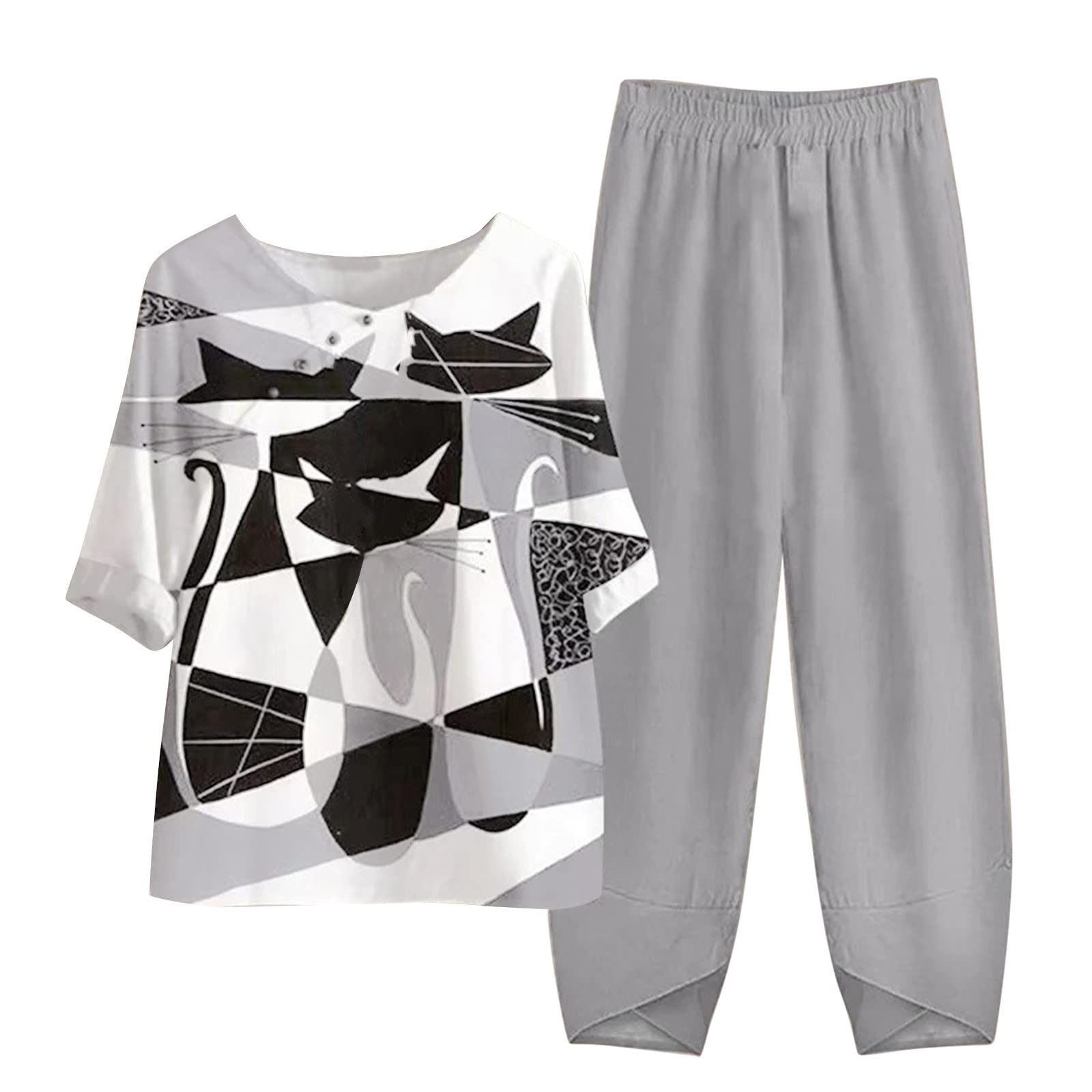 Women's Summer Linen Set Loose Casual Short Sleeve Flower Button Elastic Waist Wide Leg Pants 2 Piece Set