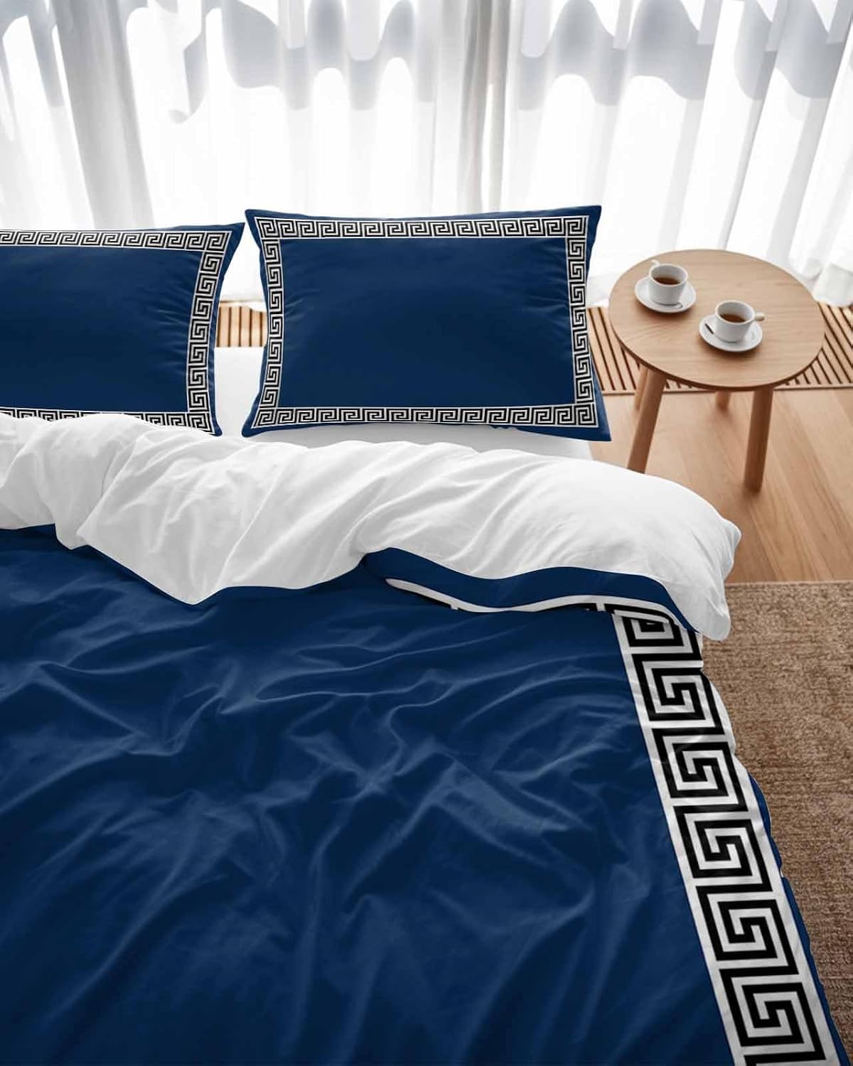 LooPoP Duvet Cover Set Queen Size Geometric Greek Key Design Comforter Sets 3 Pieces, Navy Blue Bedding Set with Zipper Closure and 2 Pillow Cases, Soft Lightweight Bed Covers Bedroom Decor