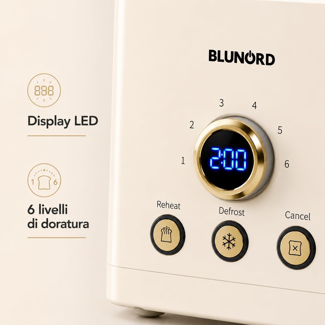 Tostapane 2 Fette Digitale Cream, 750-850W, Display LED, 6 Livelli di Doratura, Funzioni Scongelamento Riscaldamento e Cancel, Vassoio Raccoglibriciole Estraibile