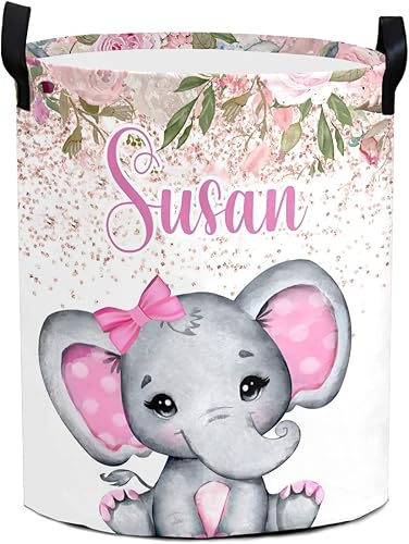 Cesta de lavandería con diseño de elefante rosa, con diseño de flores y acuarelas, con nombre, organizador de asa, organizador de almacenamiento,