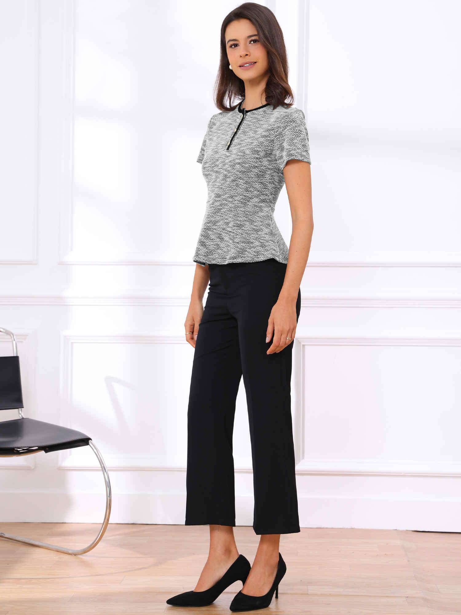 Allegra K Haut en tweed pour femme - Col rond - Manches courtes - Style péplum