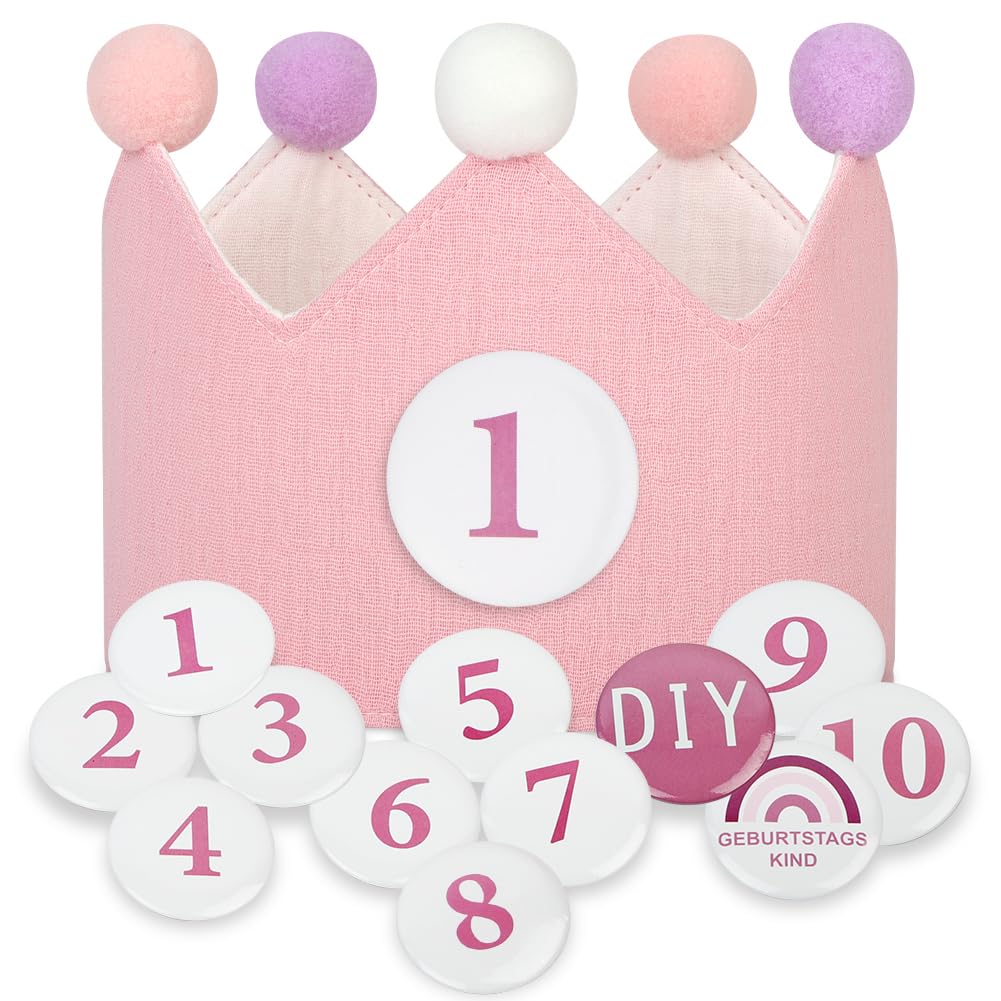 URAQT Geburtstagskrone Kinder, Geburtstagskrone Stoff, Geburtstag Kinderkrone, Krone Geburtstag für Jungs Mädchen, Klett-Buttons mit Auswechselbaren Zahlen von 1-10