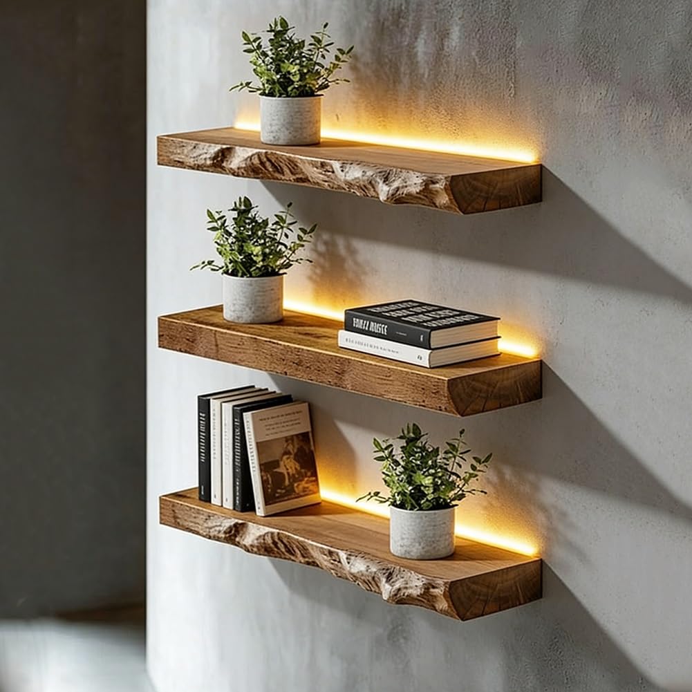 Estantes flotantes de madera con luz LED, estante de pared 3cm de grosor