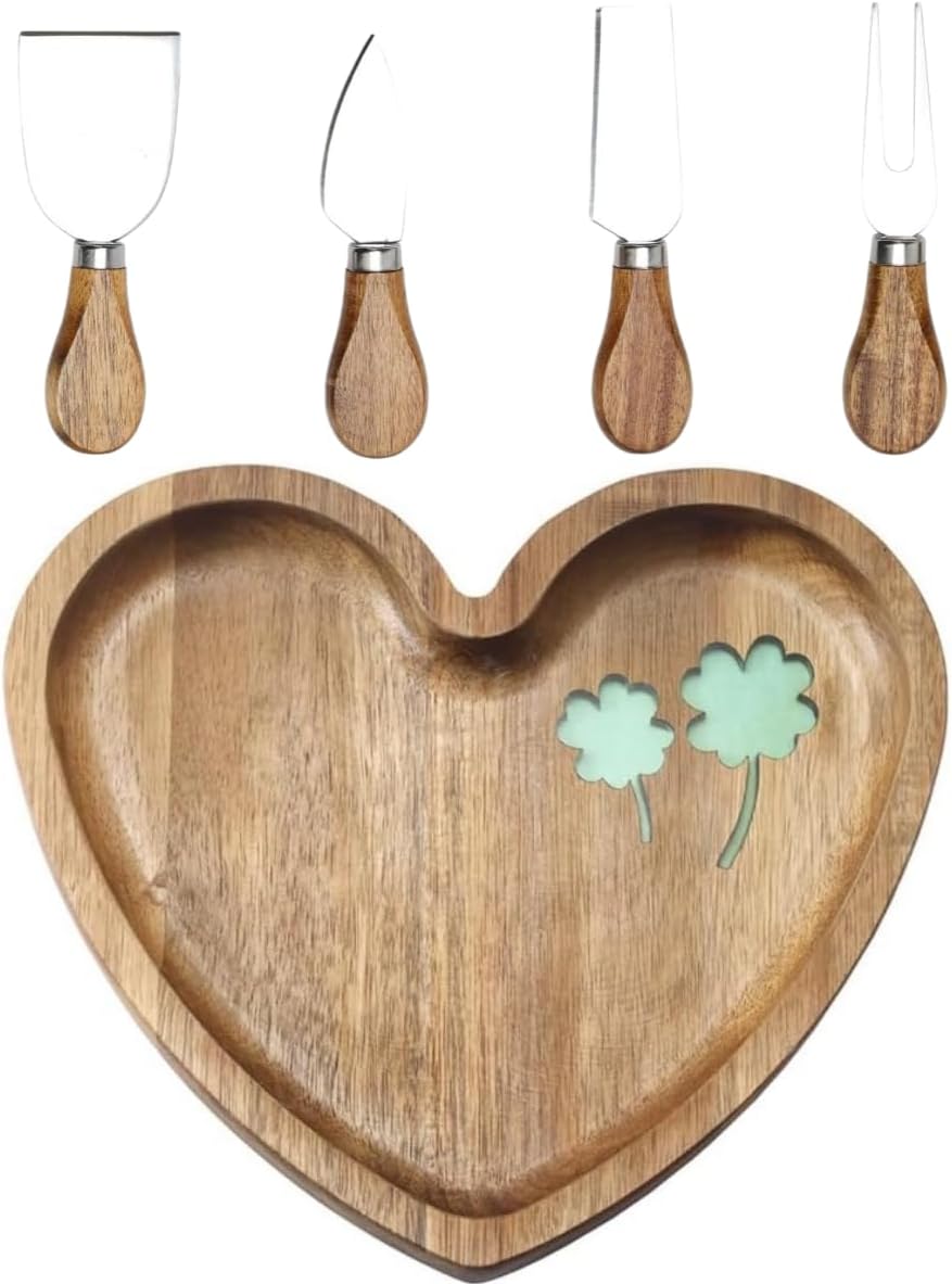 Heart Shaped Acacia Wood Cheese Board with 4 Piece Cheese Knife Set, St. Patrick's Day Green Clover Resin Inlay Appetizer Plates Charcuterie Serving Tray for Wine and Cheese Parties
