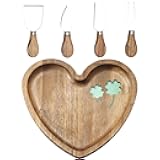 HSHQING Heart Shaped Acacia Wood Cheese Board with 4 Piece Cheese Knife Set, St. Patrick's Day Green Clover Resin Inlay Appetizer Plates Charcuterie Serving Tray for Wine and Cheese Parties