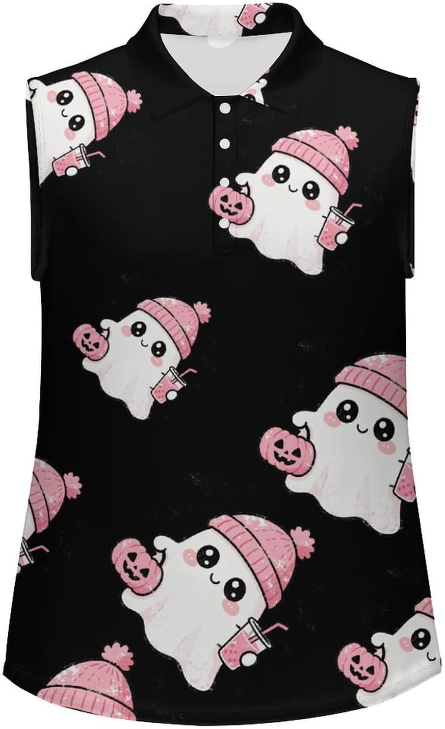 Cute Halloween Ghost Womens Sleeveless V Neck Golf Polo Shirts | Collared Tank Tops