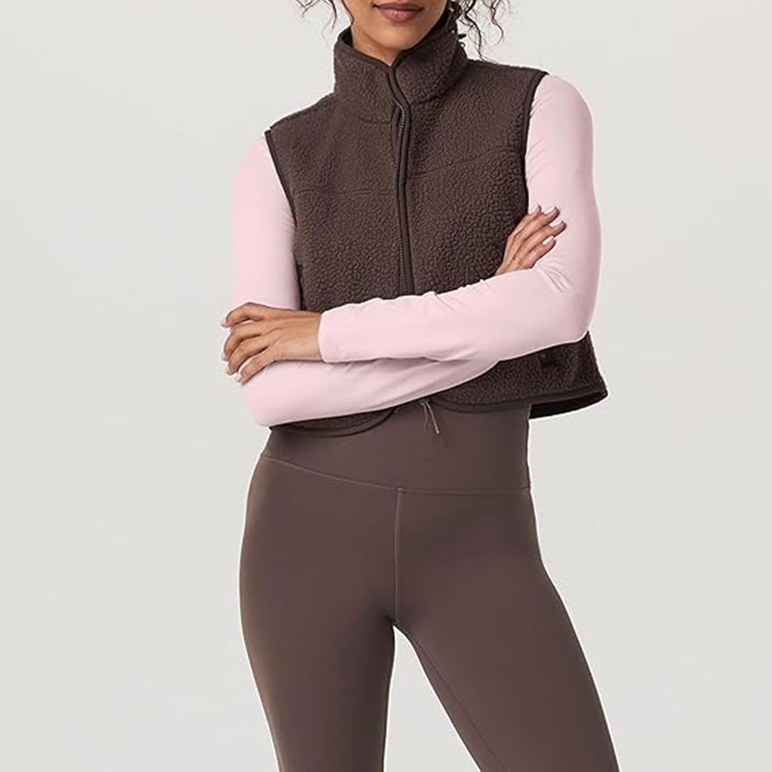 Cropped Fleece Vest Women Sleeveless Stand Collar Zip Up Sherpa Jacket Fall Winter Warm Coats Outerwear with Pockets - Image 7