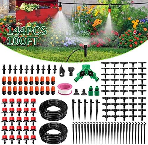 100FT Drip Irrigation Kit Automatic Watering System Drip Irrigation System 100FT 1/4" Blank Distribution Hose DIY Micro Irrigation Kit Saving Water with Adjustable Dripper for Greenhouse Patio Lawn
