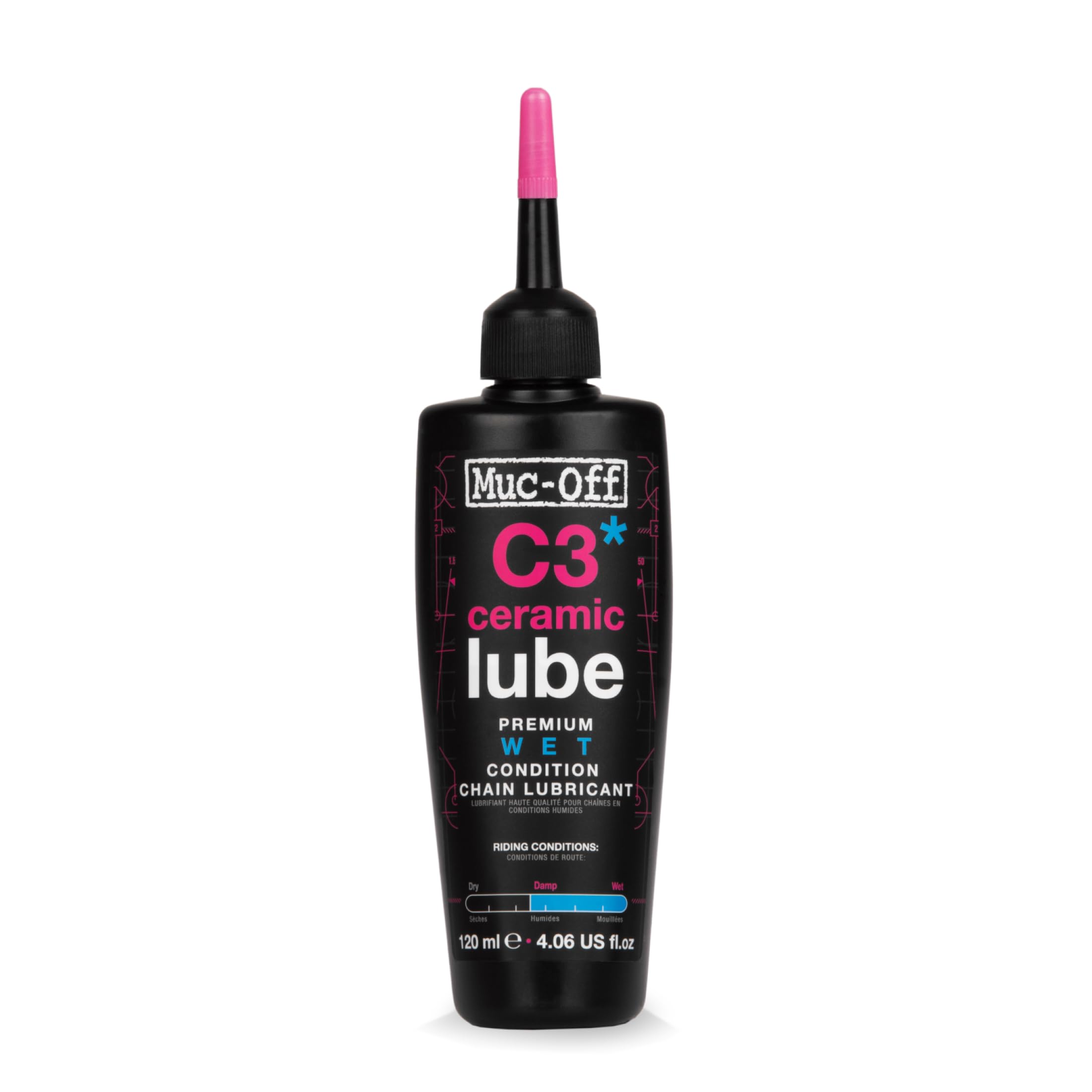 Muc-Off C3 Wet Chain Lube - Ultra Durable Ceramic Bike Chain Oil with UV Dye - Long-Lasting Lubricant for Wet & Muddy Conditions - 120ml