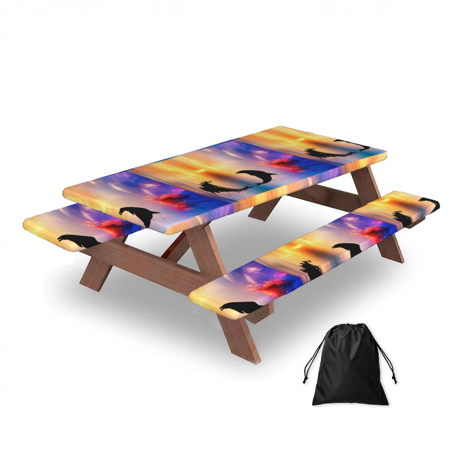 Dopklna As Picture Dolphin Jumping, Picnic Table Cover With Bench Covers -Waterproof Elastic Fitted Tablecloth For Garden Camping Patio 76X152cm