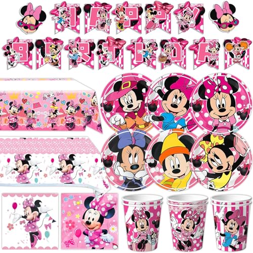 Minnie Birthday Party Supplies 93 pcs Party Decorations include 6 Different Style Paper Plates 2 Large Tablecloth Happy Birthday Banner Napkins and Cups for Boys Girls Decor Serve 15+ Guest
