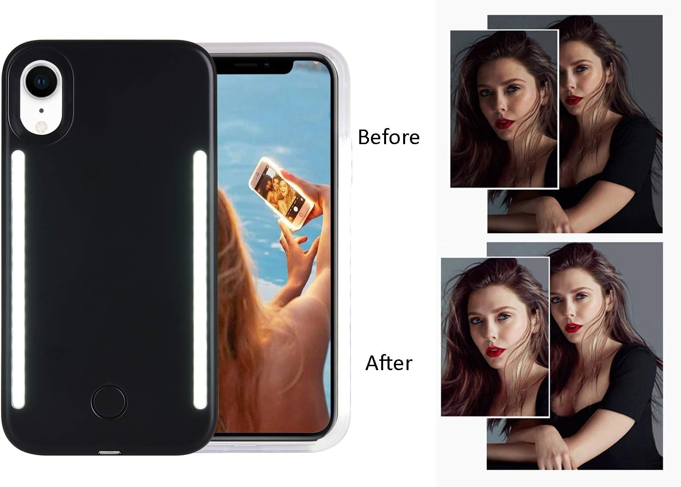 Wellerly iPhone XR Case, LED Illuminated Selfie Light Cell Phone Case Cover [Rechargeable] Dual Light Up Luminous Selfie Flashlight Case for iPhone XR 6.1inch (Black)
