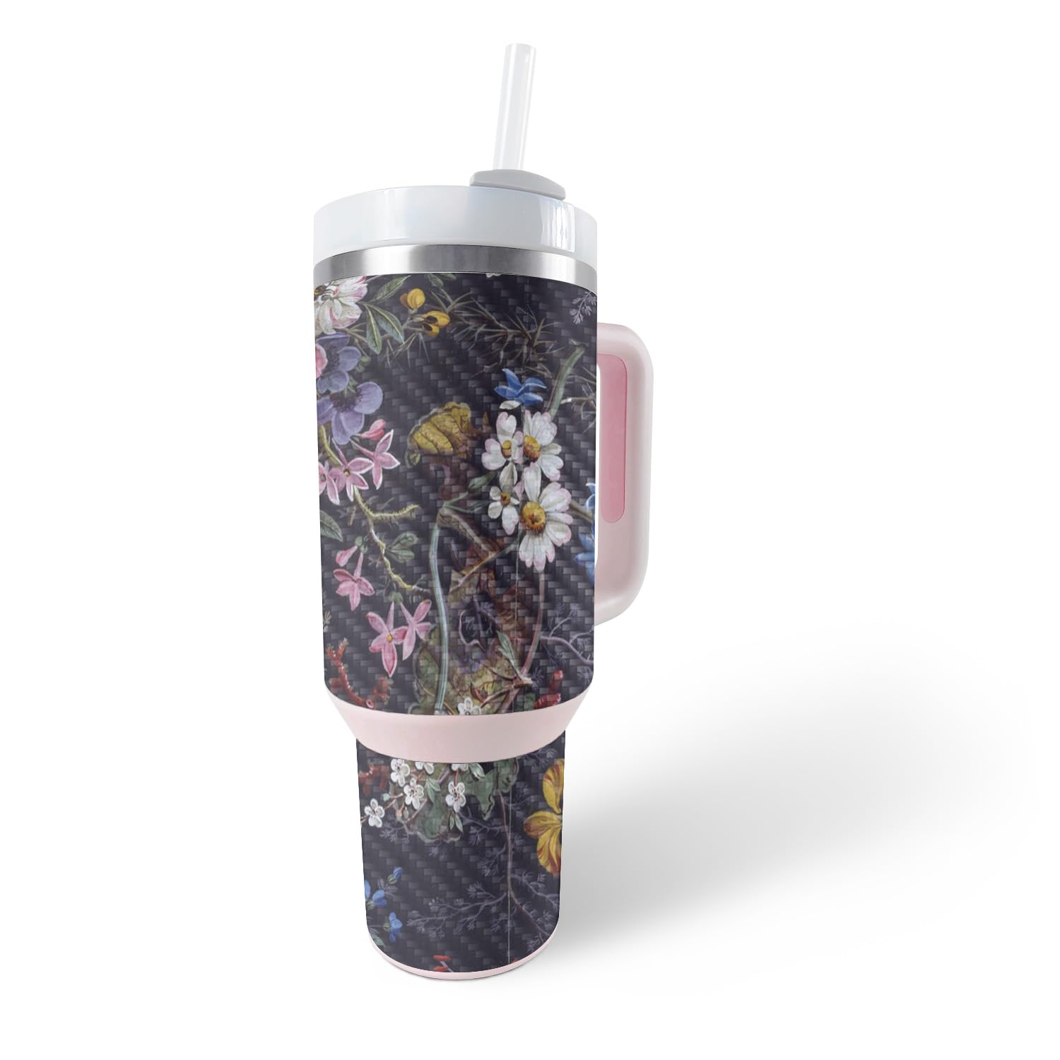 MightySkins Carbon Fiber Skin Compatible with Stanley The Quencher H2.0 FlowState 40 Oz Tumbler - Midnight Blossom | Protective, Durable Textured Carbon Fiber Finish | Easy to Apply